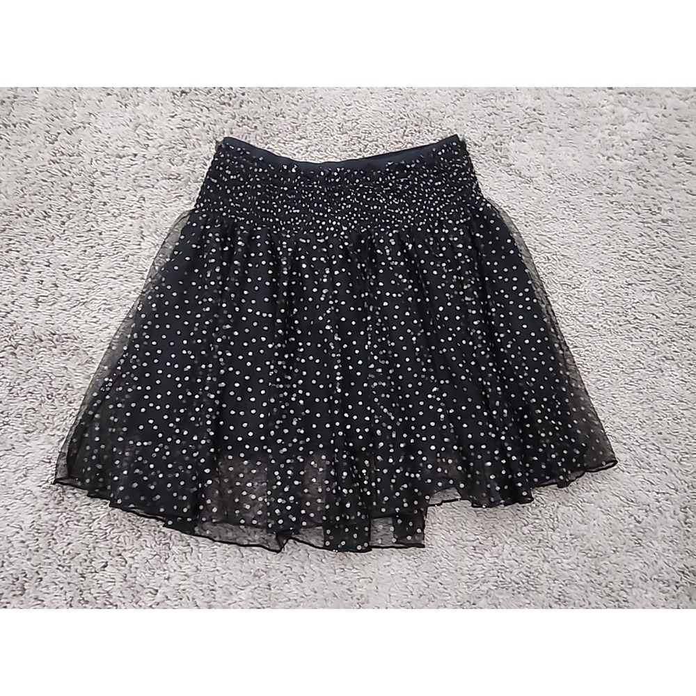 Free People Mini Skirt Womens M Black Polka Dot Smocked Mesh Layered Retro 90s
